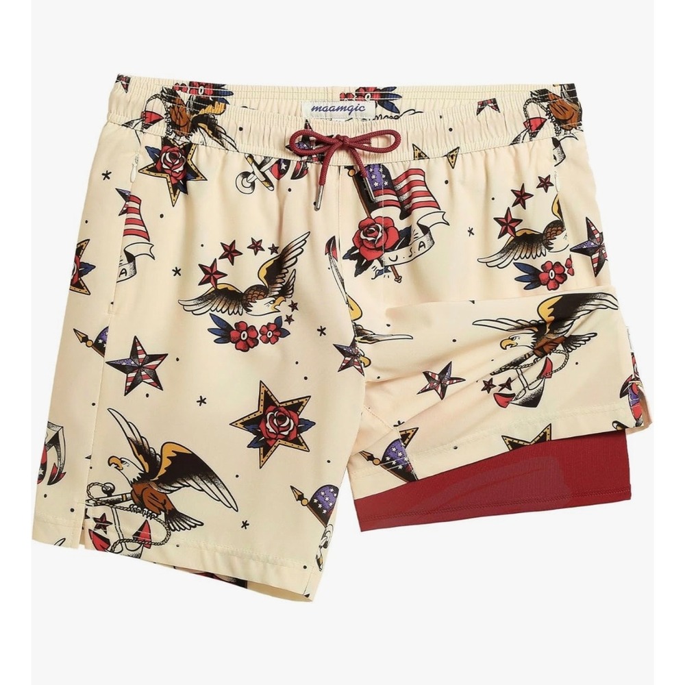 Maamgic Mens Tattoo Print 2-in-1 Swim Trunks Eagle Anchor Cream Red Large NWOT